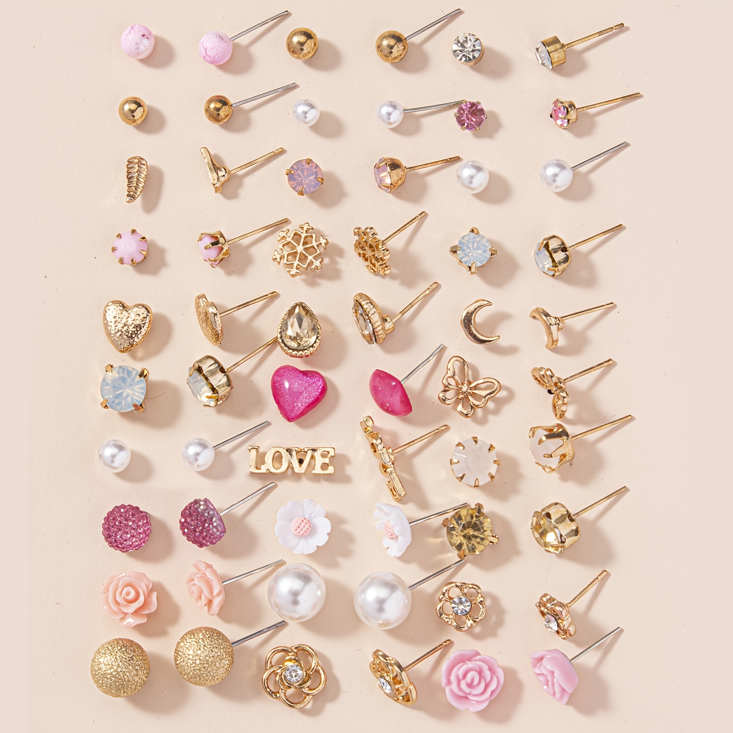 60pcs Rose Flower & Rhinestone Earrings Set, Women's Ear Studs
